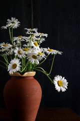 Daisy Bouquet in Brown Clay Vase Dark Background White Flowers