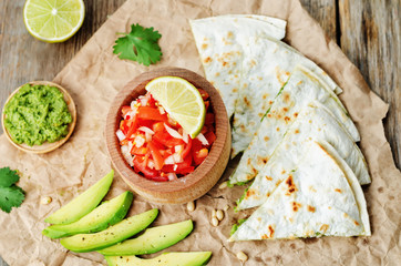 tomato salsa, Pico de Gallo, with cilantro pesto quesadilla