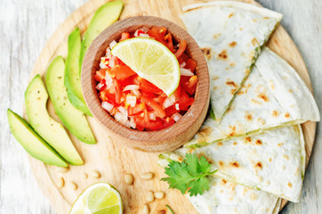tomato salsa, Pico de Gallo, with cilantro pesto quesadilla