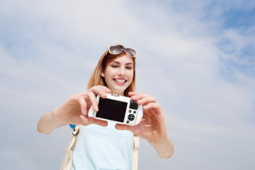 Happy travel woman take selfie