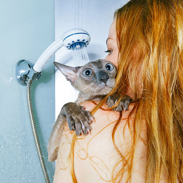 Girl and Cat in Shower