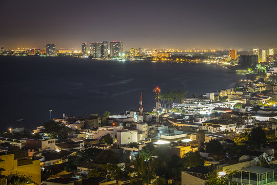 Mexico, Puerto Vallarta, Banderas Bay by night