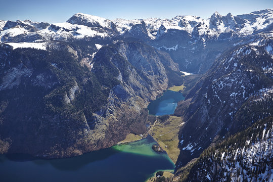 Germany, Bavaria, Aerial view of Alps with lakes Koenigssee and Obersee
