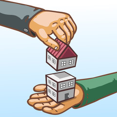 Real estate concept hands giving and receiving building