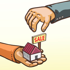Real estate concept hands giving and receiving house for sale