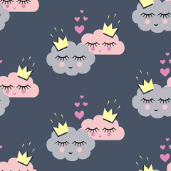 Seamless pattern with smiling sleeping clouds in love for holidays. Unusual design for Valentines Day. Child drawing style. Vector illustration. Love concept background