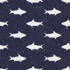 Seamless pattern with sharks. Nautical background. Cute sea life illustration.