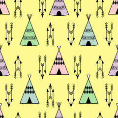 Seamless kids wigwam illustration with arrows. Cute indian colorful background pattern in vector. Baby style print. Baby shower design. Bright childish card. Travel concept background. - 85333998