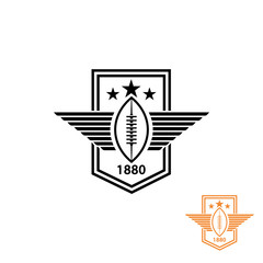 American football or rugby ball with wings and star sport logo, t-shirt print emblem
