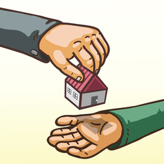Real estate concept hands giving and receiving house toy