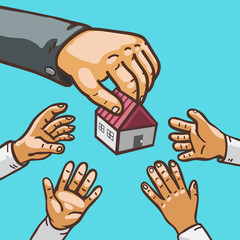 Real estate concept hands giving and receiving house
