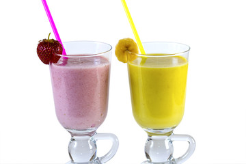 Milk shakes from different fruits isolated on white