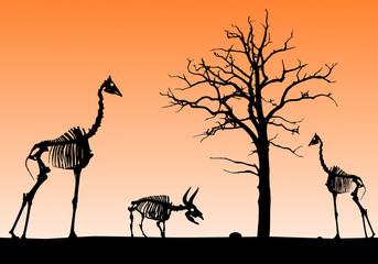 Fototapeta na wymiar skeletons of animals and tree on horizon