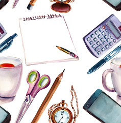 A seamless watercolor pattern of office objects
