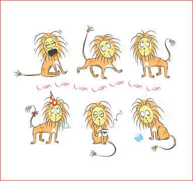 Set with six ridiculous comical lions.