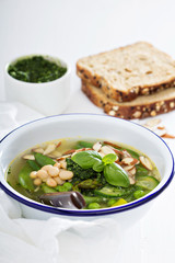 Minestrone soup with spring green vegetables