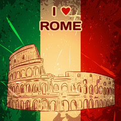 Fototapeta na wymiar Vintage poster with Colosseum on the grunge background. Retro hand drawn vector illustration in sketch style ' I love Rome'