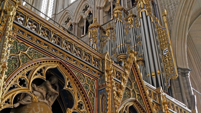 View from inside the Westminster Abbey. Seen are the big metal organ and the beautiful artworks