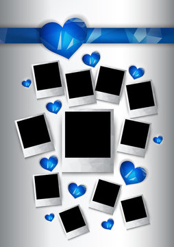 Vector photo frames with blue hearts for couples in love