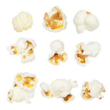Macro popcorn isolated on white background, with clipping path