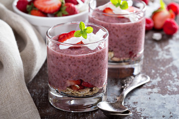 Strawberry chia pudding in glasses