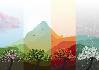 Four Seasons Banners Spring, Summer, Fall, Winter with Abstract Trees - Vector Illustration