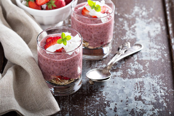 Strawberry chia pudding in glasses