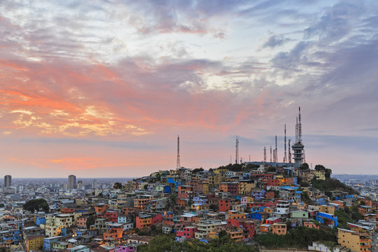 South America, Ecuador, Guayas Province, Guayaquil, Las Penas, Cerro Santa Ana, City view at sunset