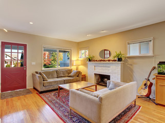 Traditional living room with fireplace.
