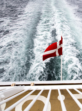 Denmark, Danish flag on ferry on the sea
