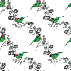 bird, tropical, palm tree, watercolor, pineapple, pattern, wallpaper, toucan