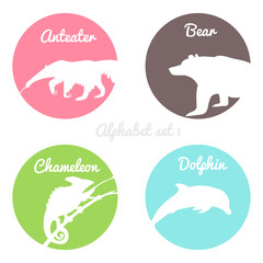 Color animals silhouettes labels in colorful circles. Wild