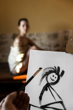 Incompetent painter trying to paint woman's portrait