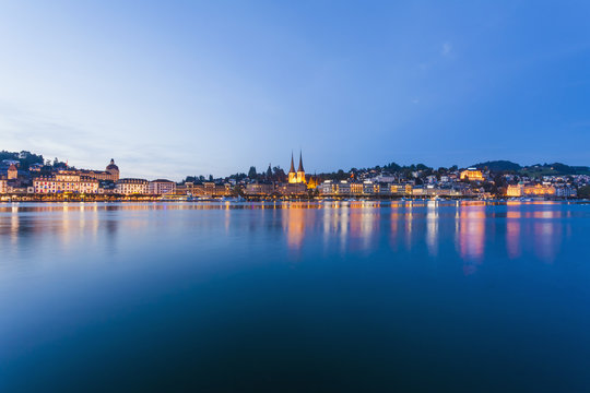 Switzerland, Canton of Lucerne, Lucerne, Lake Lucerne, City view, Blue hour