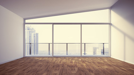 Empty apartment with wooden floor, d rendering