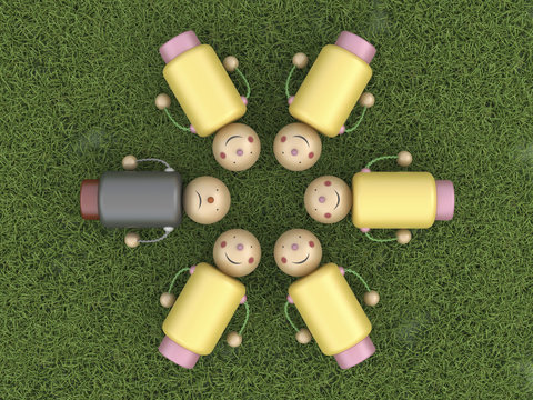 Smiling figurines lying in circle on grass with one unhappy among them