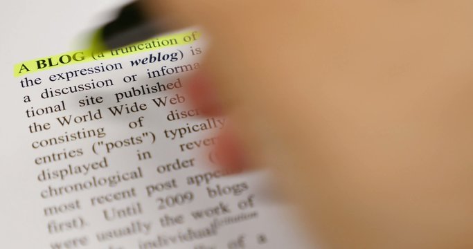 The definition of Blog being emphasized by a yellow marker