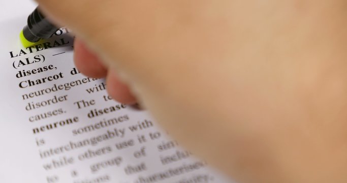 The definition of ALS-Amyothropic Lateral Sclerosis- being emphasized by a yellow marker...