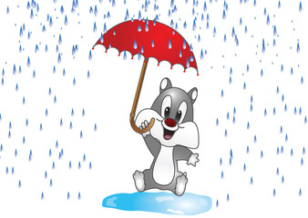 Gatto con ombrello sotto la pioggia