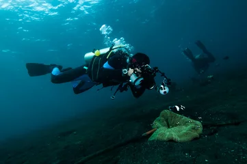 Crédence de cuisine en verre imprimé Plonger diver take a photo video upon coral lembeh indonesia scuba diving