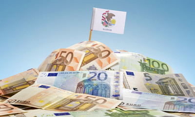 Flag of Illinois sticking in a pile of various european banknote