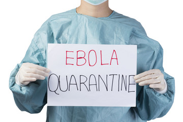 scientist in safety suit drawing word ebola quarantine on white