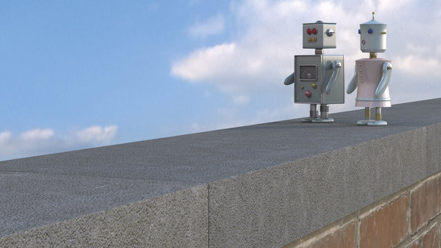 Male and female robot on wall ledge, D rendering