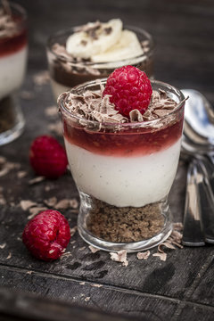 Desserts in glasses, raspberry mascarpone and speculoos and chocolate banana mascarpone and speculoos