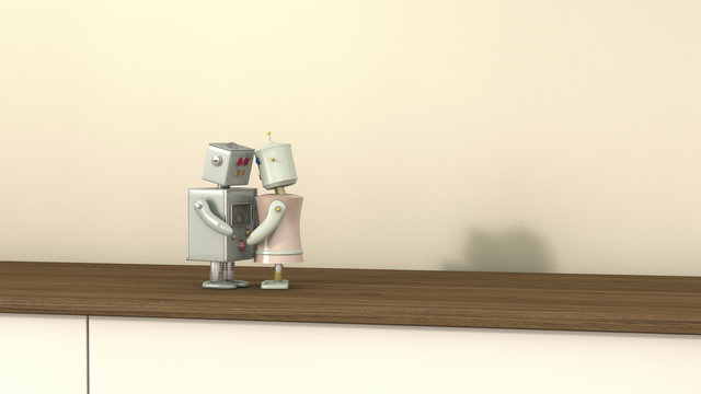 Male and female robot face to face, D rendering