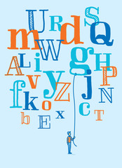 Man holding a floating letter from flying alphabet