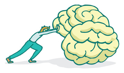 Man pushing a huge brain forward