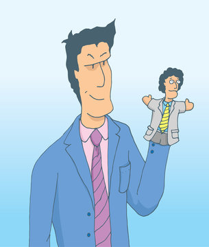 Businessman using a business puppet or manipulating a colleague