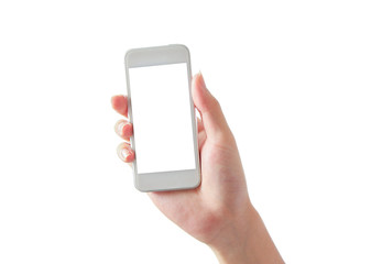Hand holding blank phone isolated