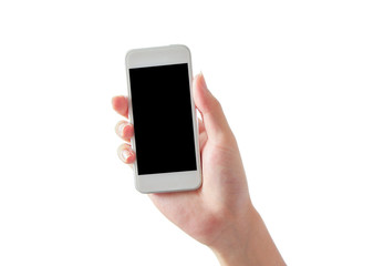 Hand holding blank phone isolated